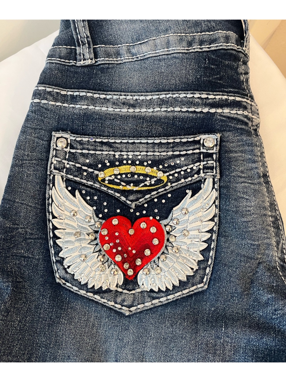 Sky Dark Wash Bootcut Jeans with Red Heart & Silver Wing Embroidery